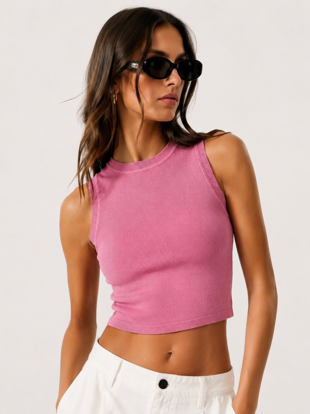 Zara Pink Rib Knit Cropped Tank Top Sleeveless High Neck Size Small